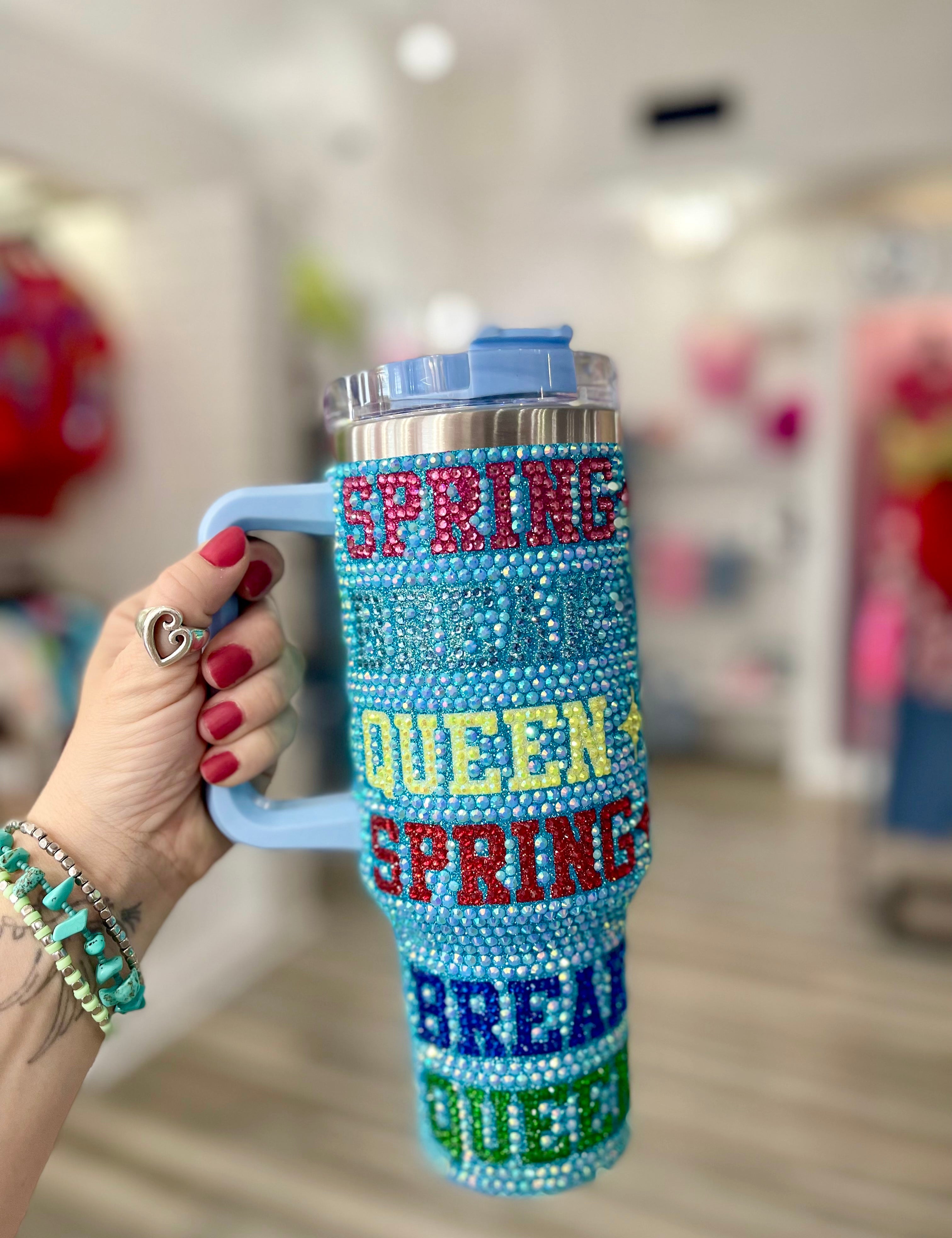 Aqua Spring Break Queen Rhinestone Tumbler Queen of Sparkles