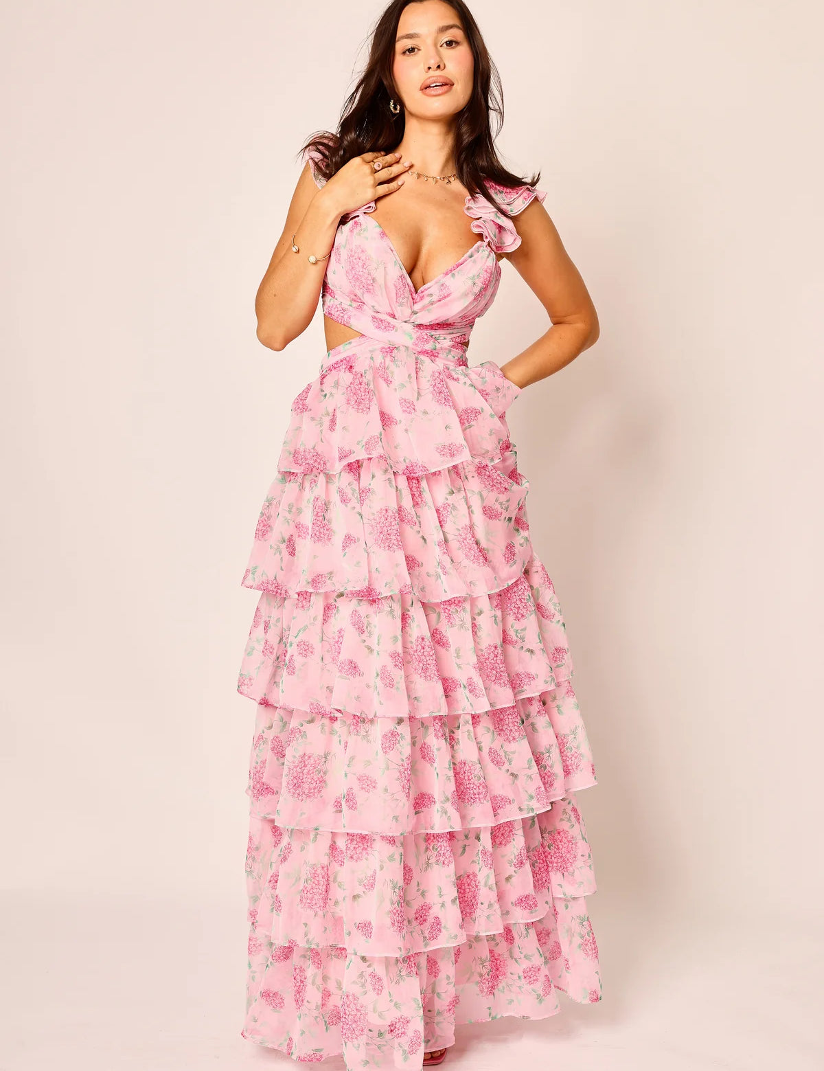 Ofilia Ruffle Floral Maxi Dress - Pink Hydrangea Floral [Amy Jane London]