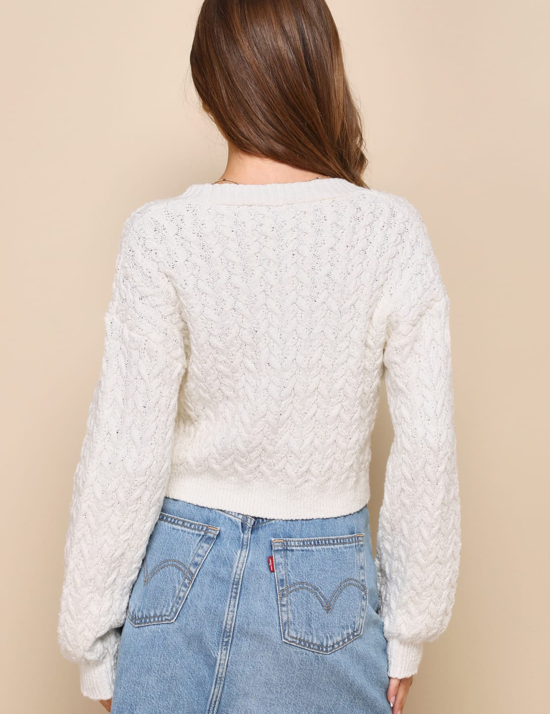 Marsha Cable Knit Cropped Cardigan Sweater - Ivory