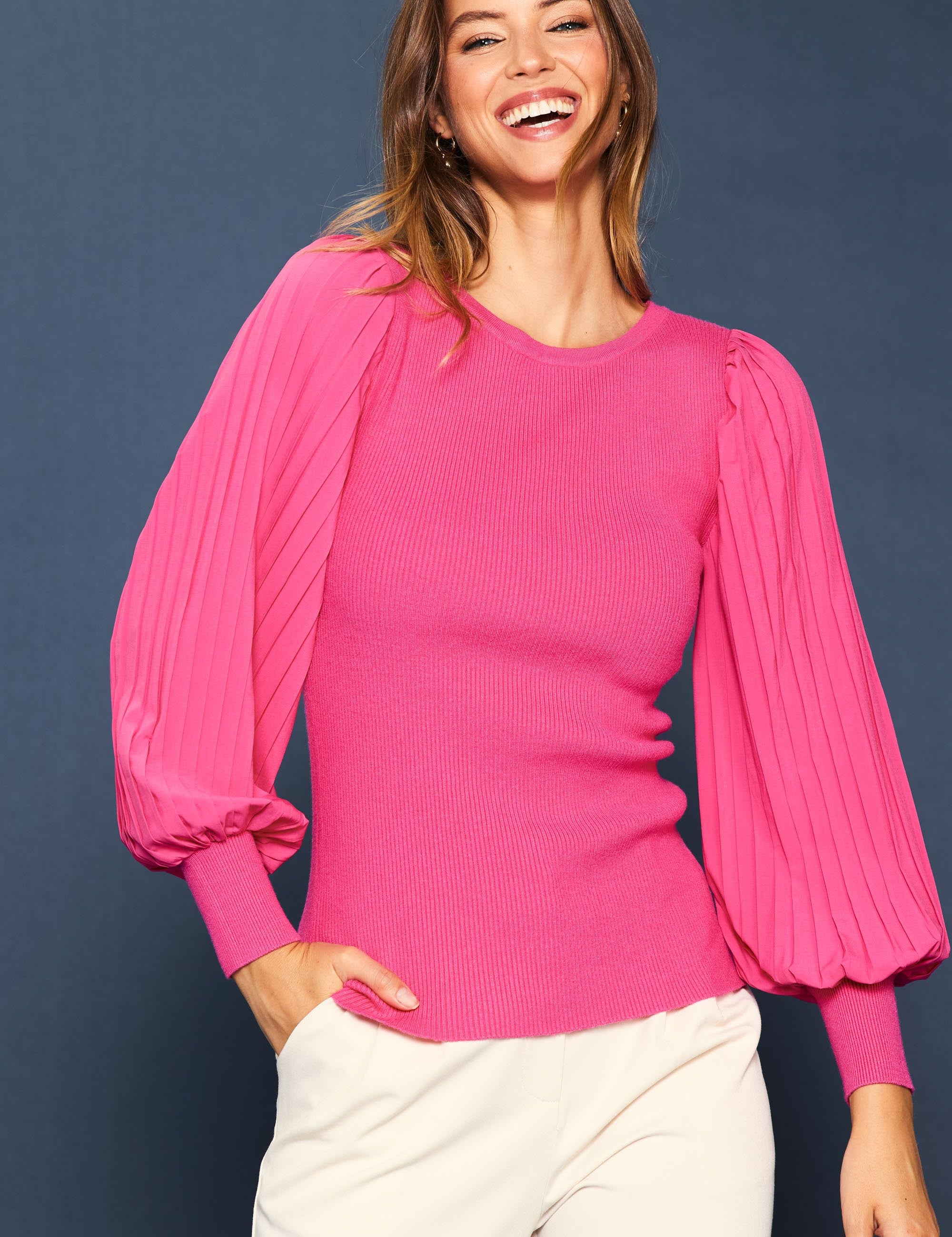 Chantal Mixed Media Pleated Sleeve Knit Top Berry Pink