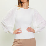 Chantal Mixed Media Pleated Sleeve Knit Top Off White