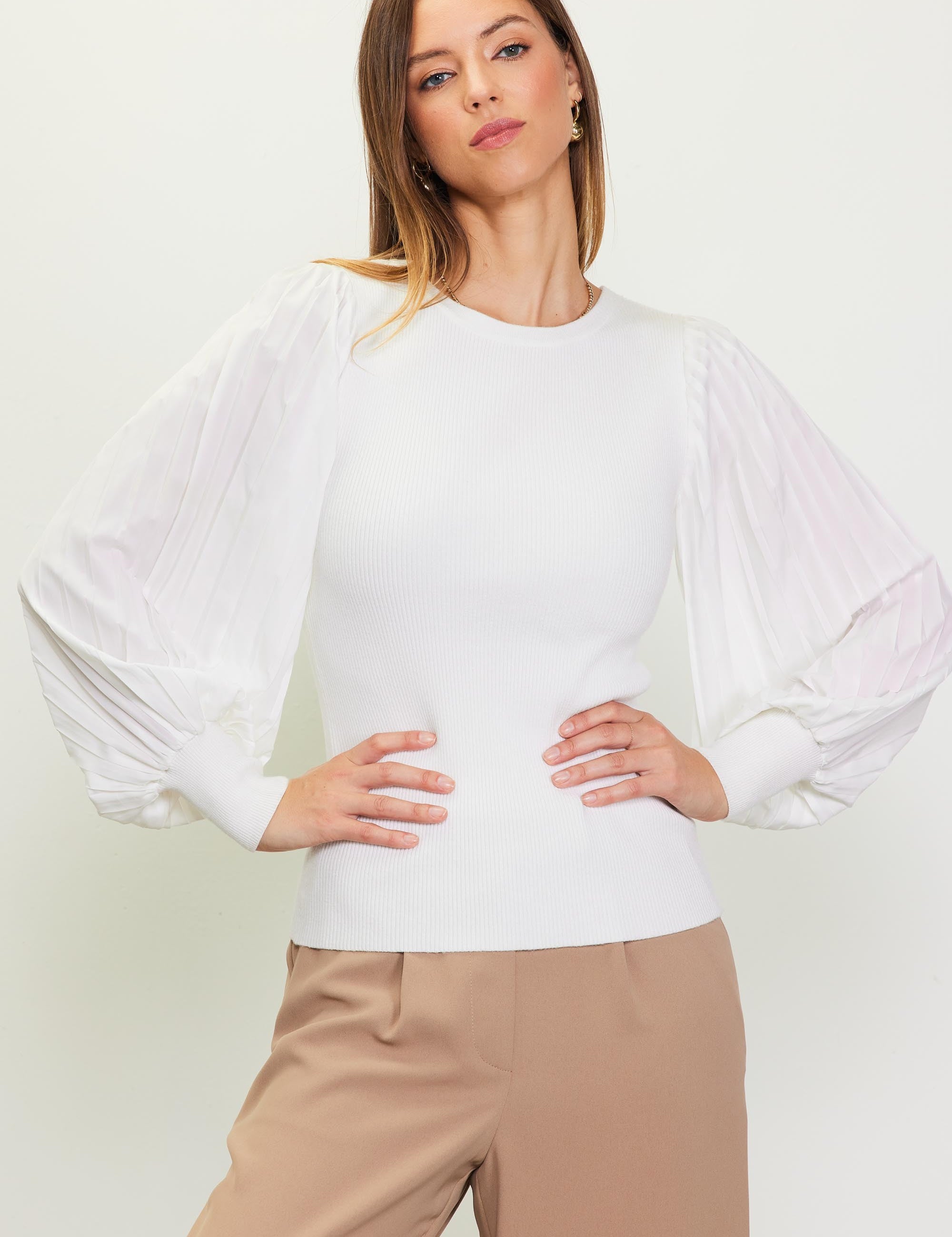 Chantal Mixed Media Pleated Sleeve Knit Top Off White