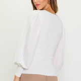 Chantal Mixed Media Pleated Sleeve Knit Top Off White