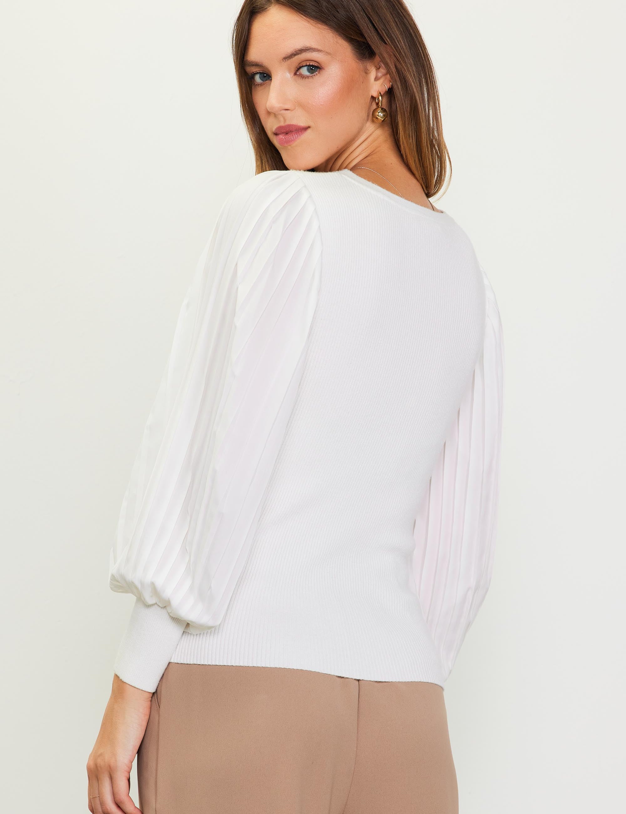 Chantal Mixed Media Pleated Sleeve Knit Top Off White