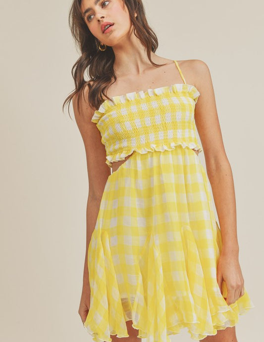 Vera Gingham Cut Out Mini Dress Yellow