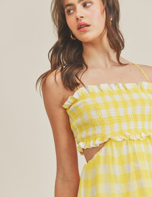 Vera Gingham Cut Out Mini Dress Yellow