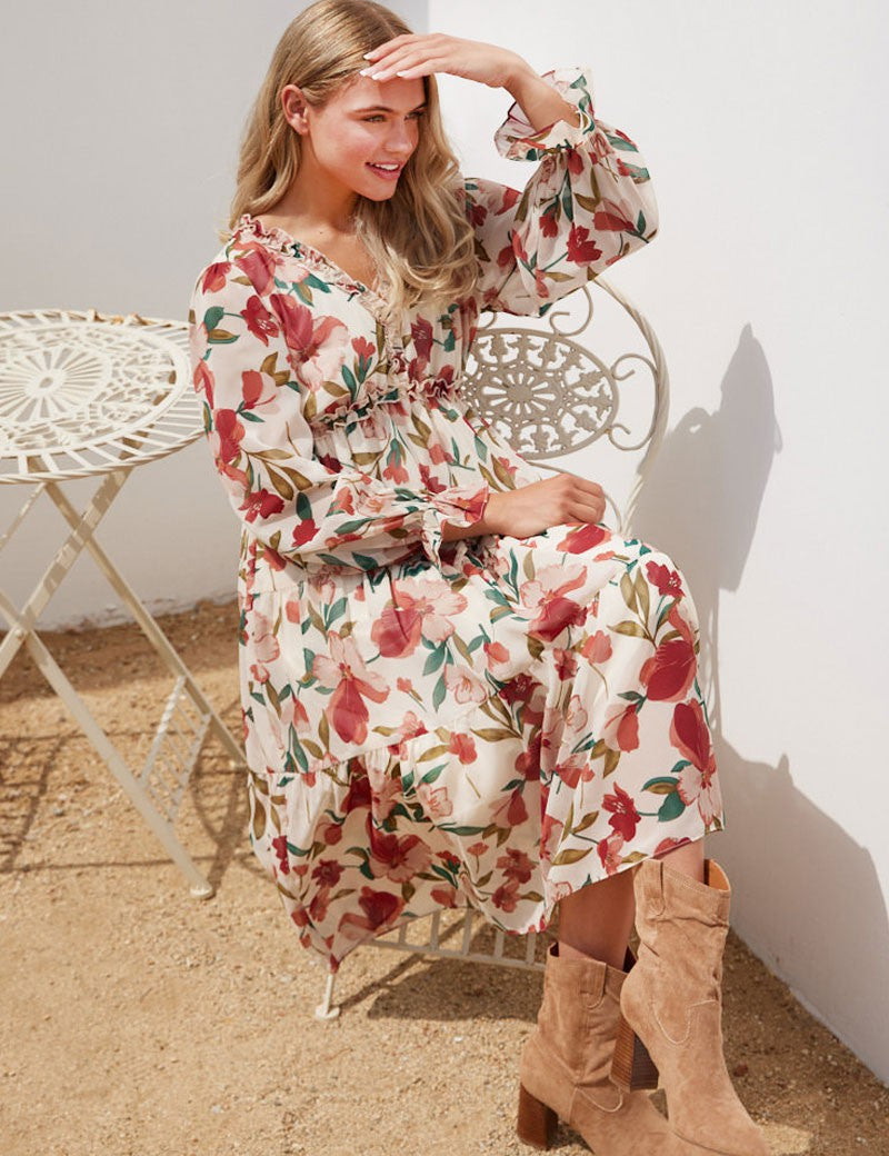 Millie Floral Print Chiffon Tiered Midi Dress