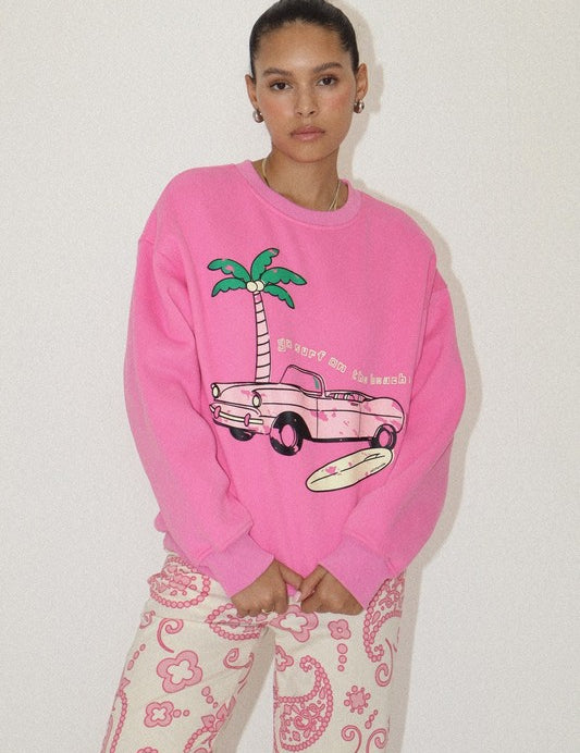 Surf On The Beach Crewneck Sweatshirt Pink