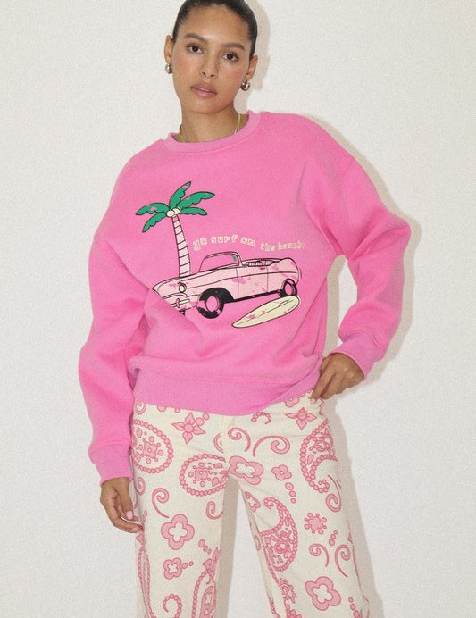 Surf On The Beach Crewneck Sweatshirt Pink