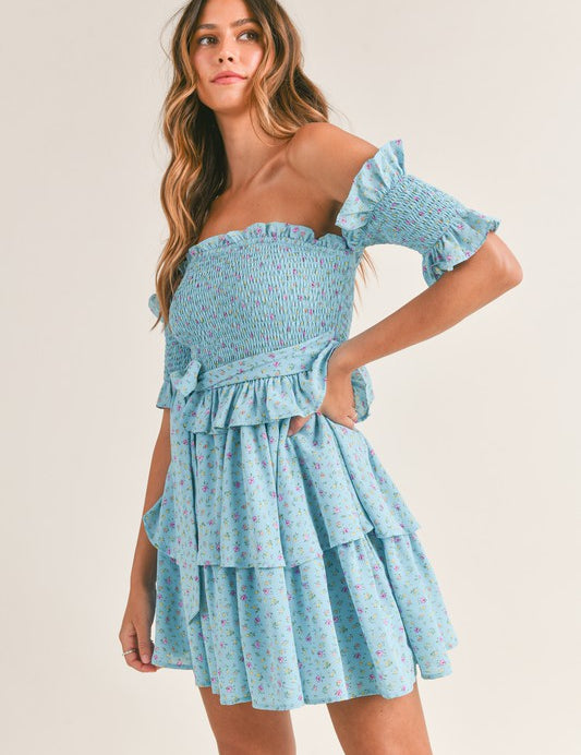 Layla Off the Shoulder Floral ruffled Mini Dress Aqua