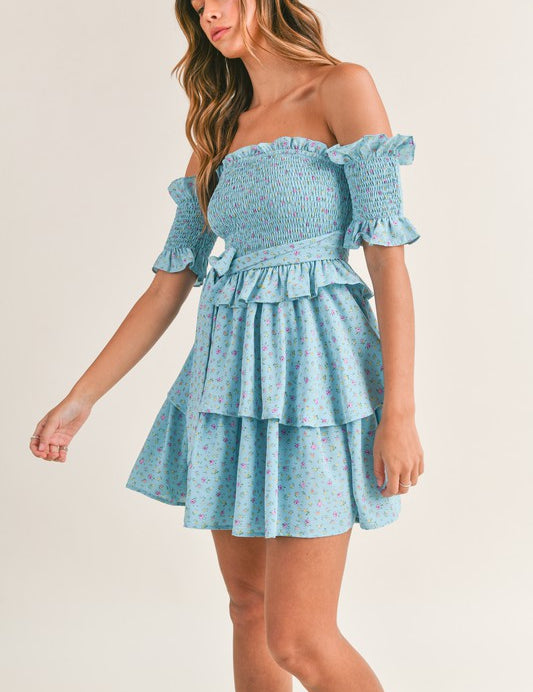 Layla Off the Shoulder Floral ruffled Mini Dress Aqua