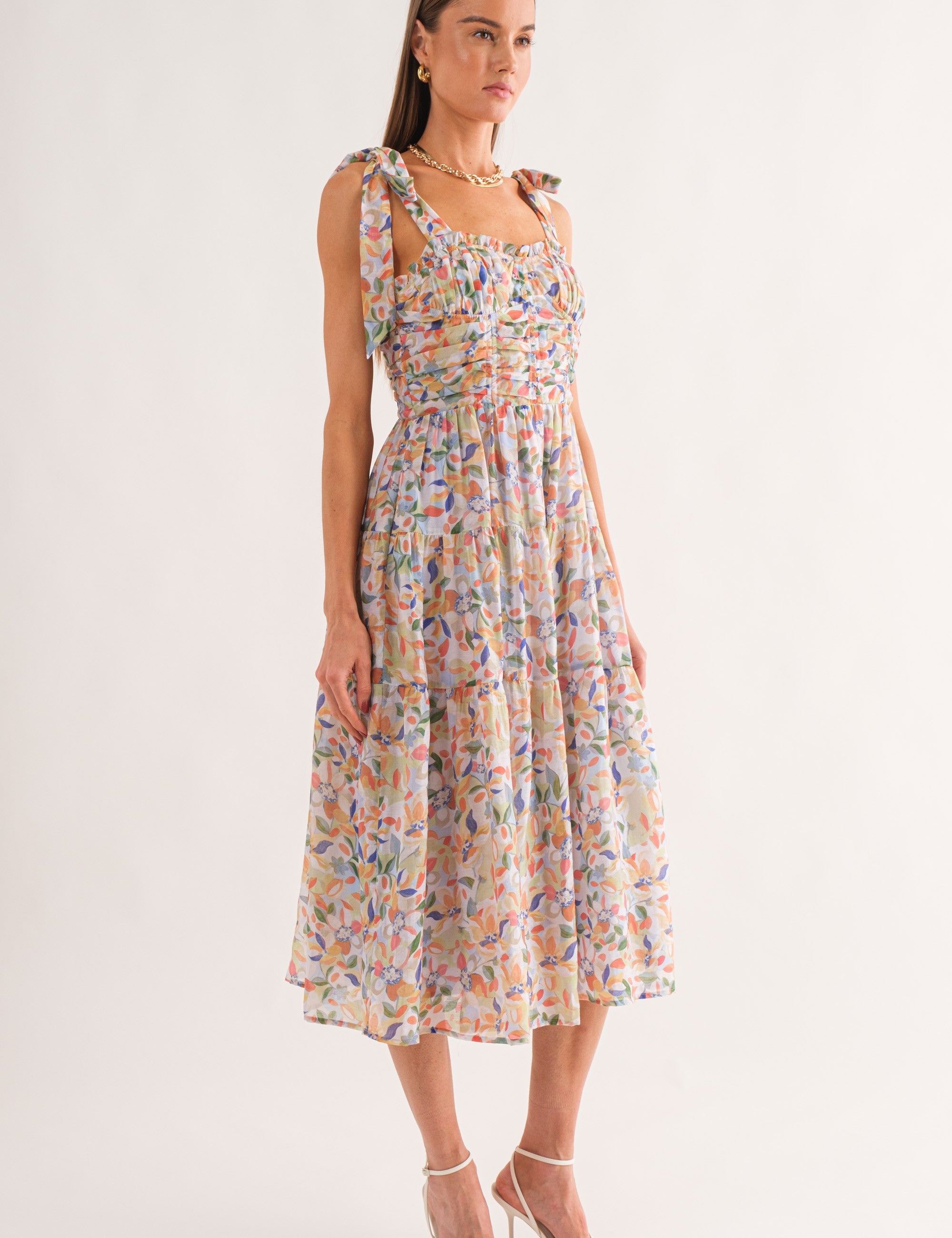 Mona Floral Corset Midi Dress Blue Multi