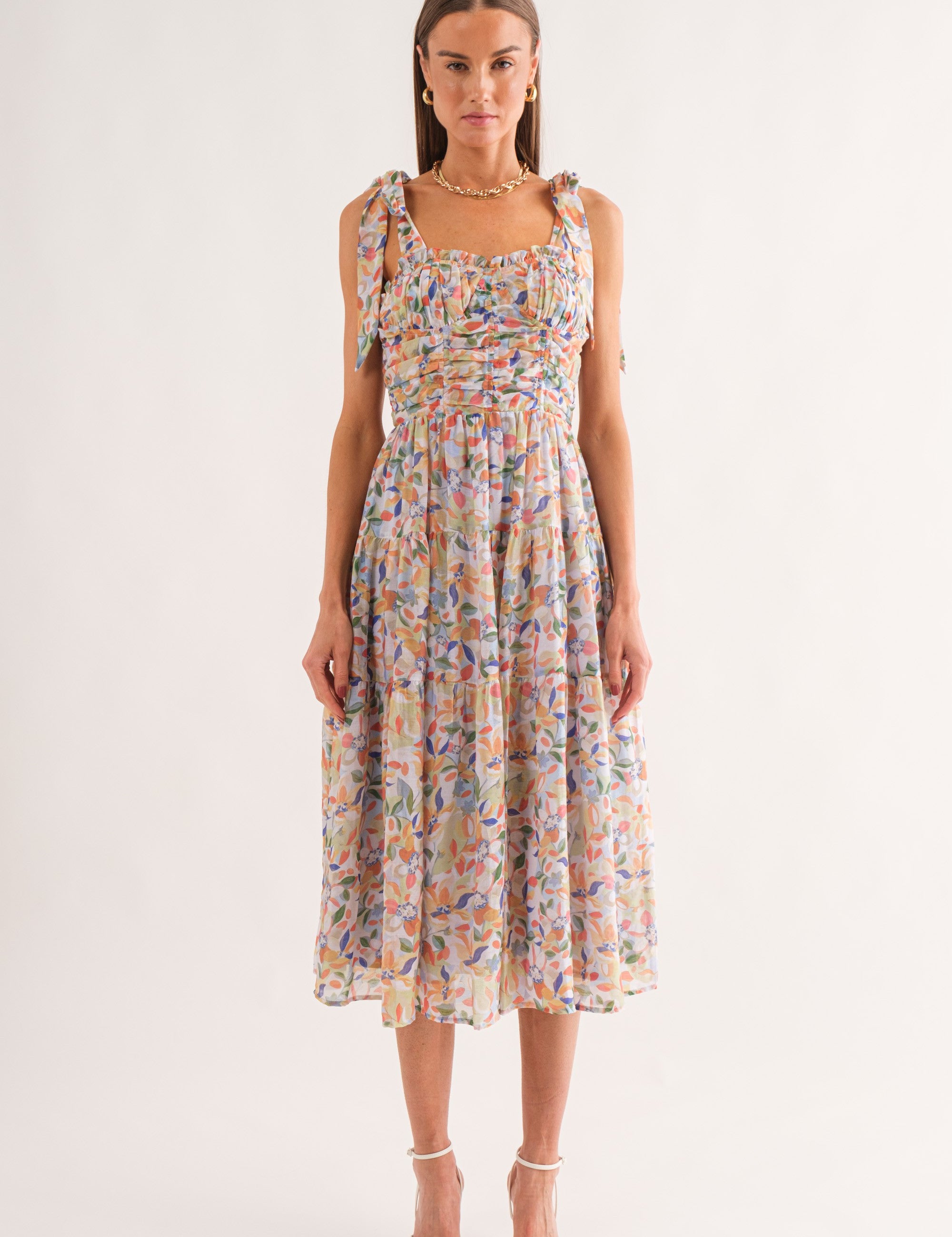 Mona Floral Corset Midi Dress Blue Multi