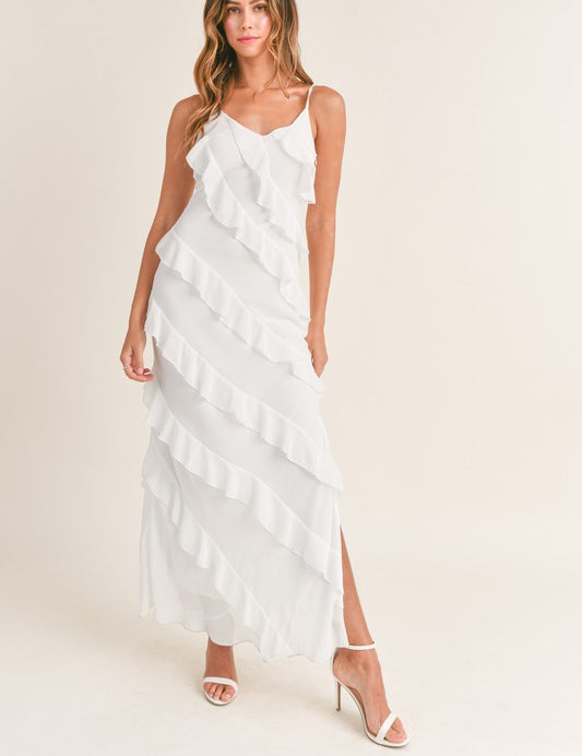 Waverly Asymmetrical Ruffled Maxi Dress Off White