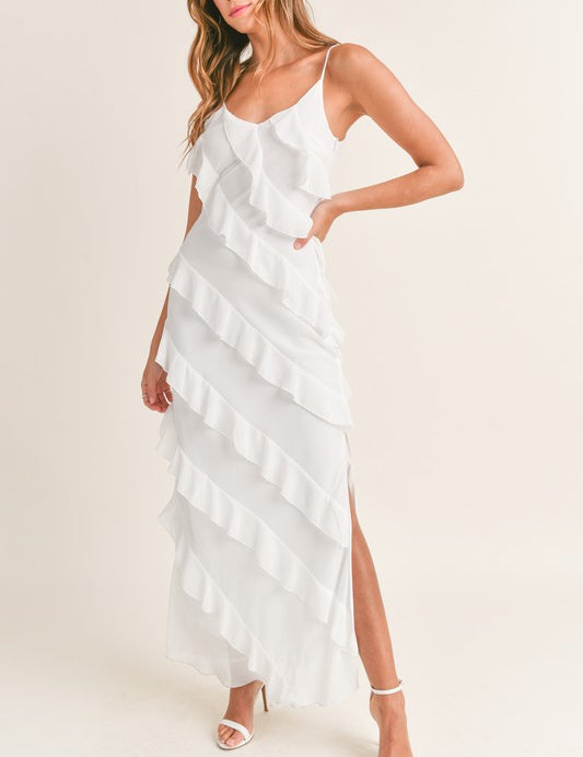 Waverly Asymmetrical Ruffled Maxi Dress Off White