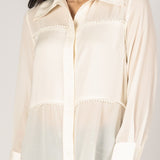 Hollis Pearl Embellished Satin Button Up Shirt Ivory