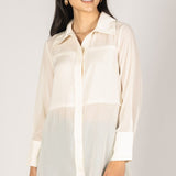 Hollis Pearl Embellished Satin Button Up Shirt Ivory