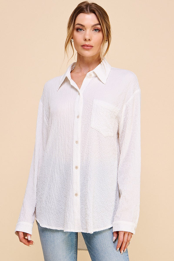 Brinley Cloud Gauze Button Down Off White - Pink Creek Boutique