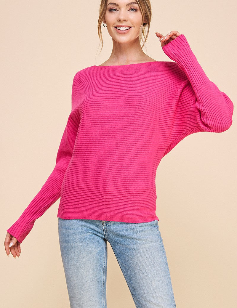 Farrah Ribbed Dolman Pullover Sweater Fuschia