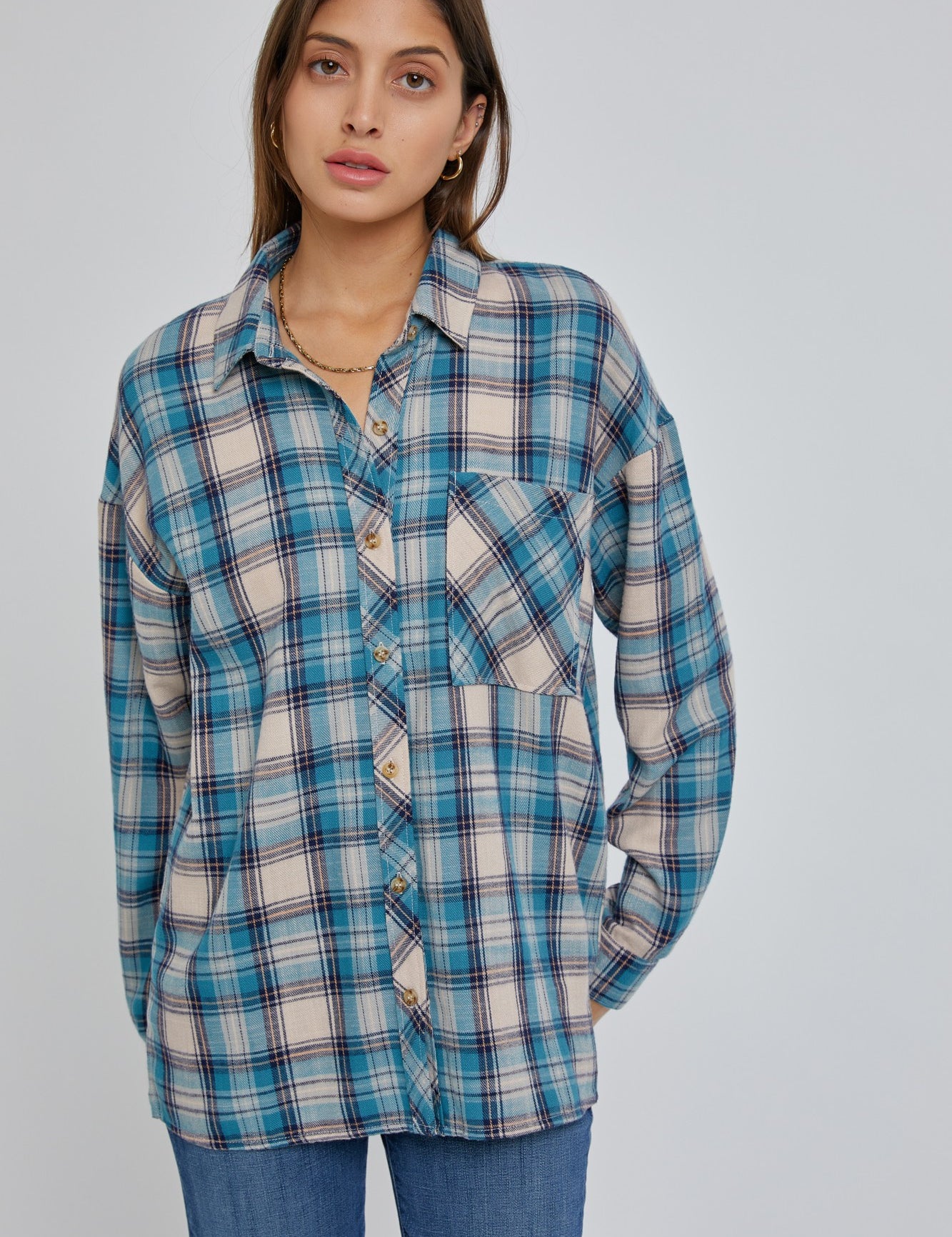 Cyrus Oversized Boyfriend Flannel Button Down Teal