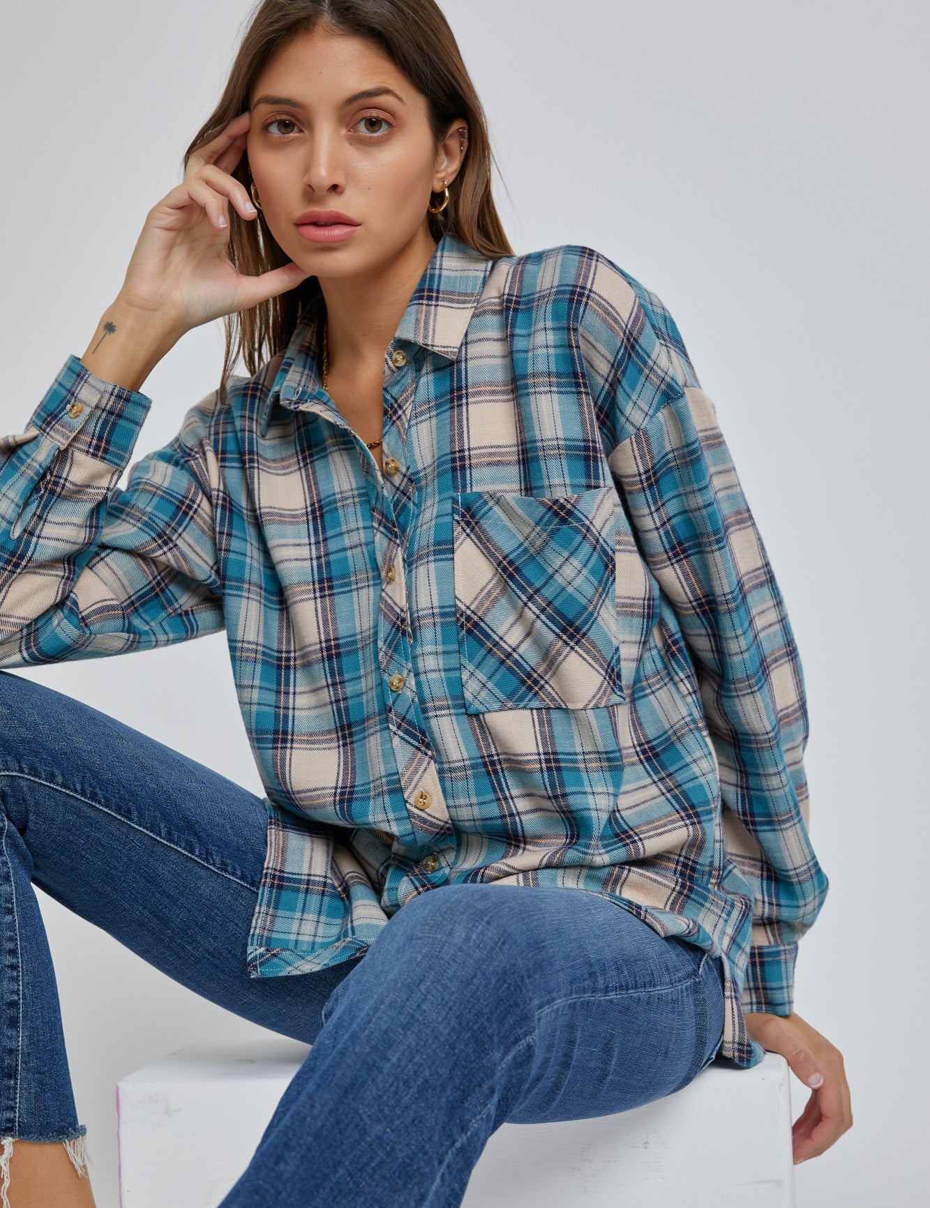 Cyrus Oversized Boyfriend Flannel Button Down Teal