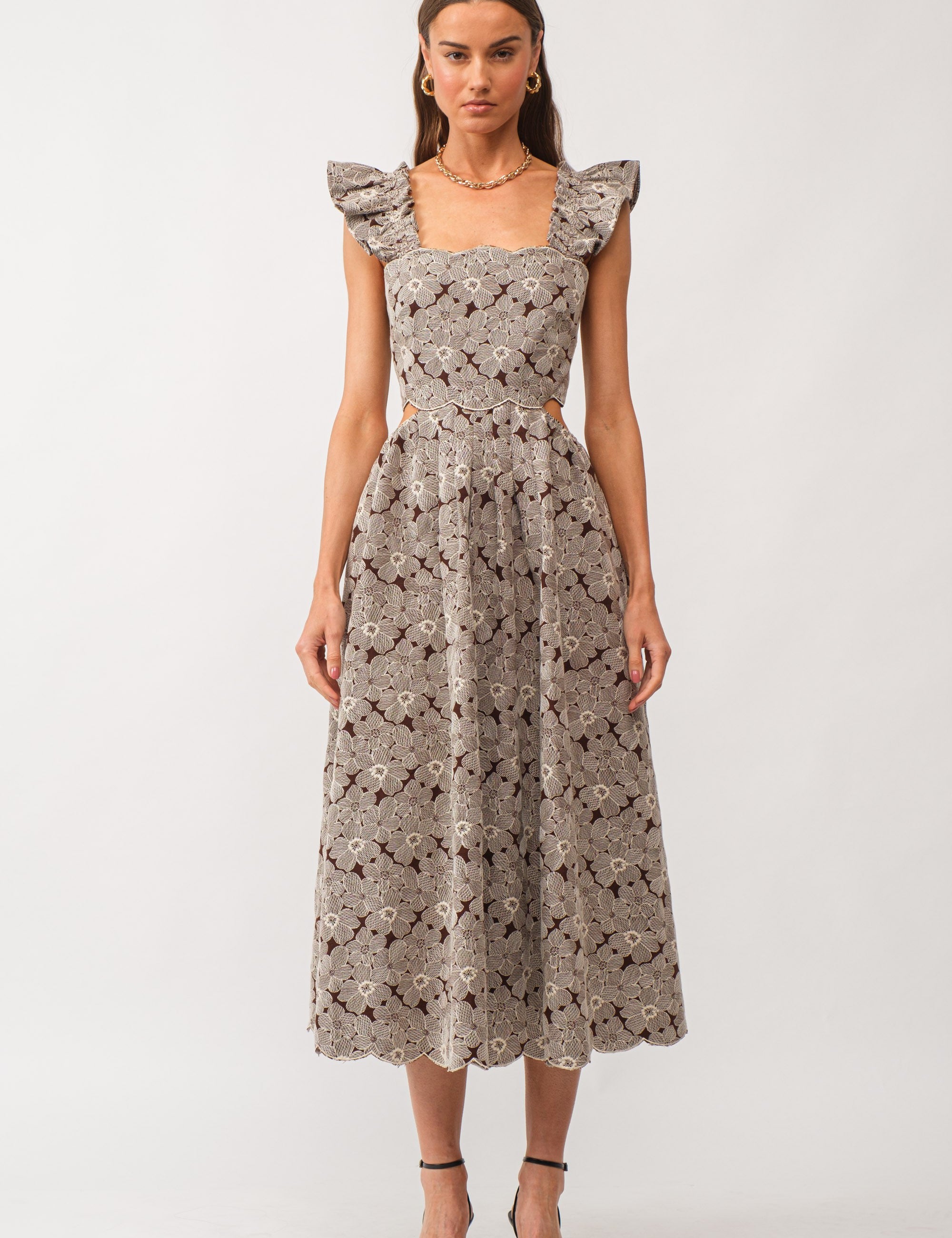 Poppy Floral Embroidered Denim Midi Dress Brown