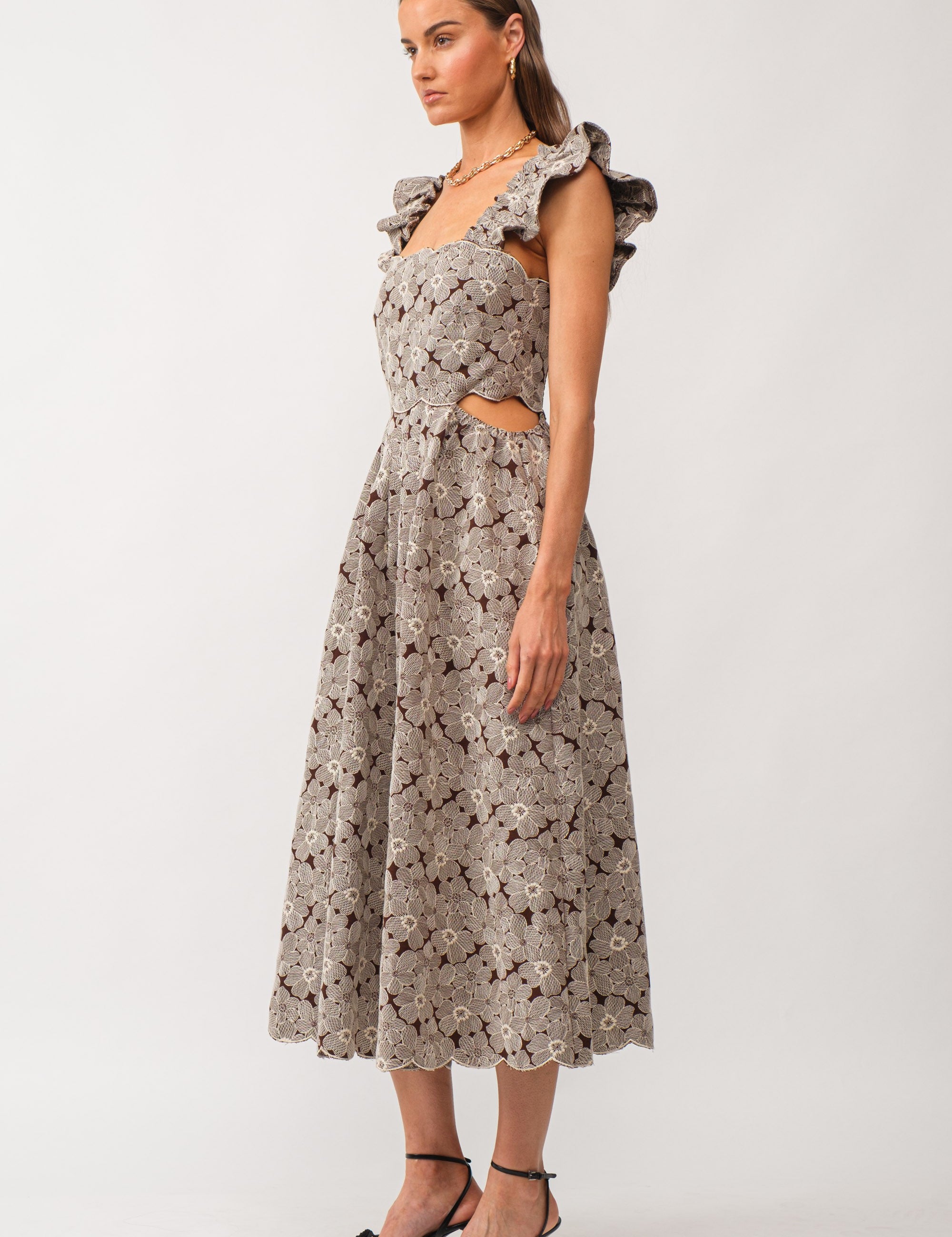 Poppy Floral Embroidered Denim Midi Dress Brown