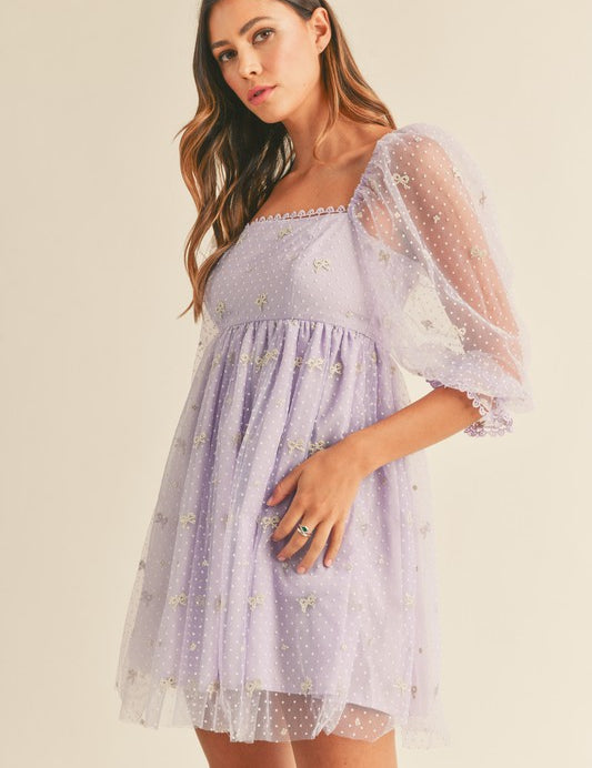 Caine Ribbon Print Swiss Dot Baby Doll Dress Lavender