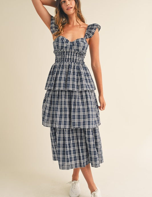 Lara Plaid Sweetheart Ruffled Midi Dress Navy