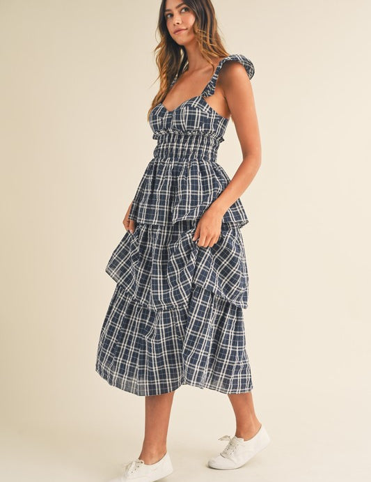 Lara Plaid Sweetheart Ruffled Midi Dress Navy