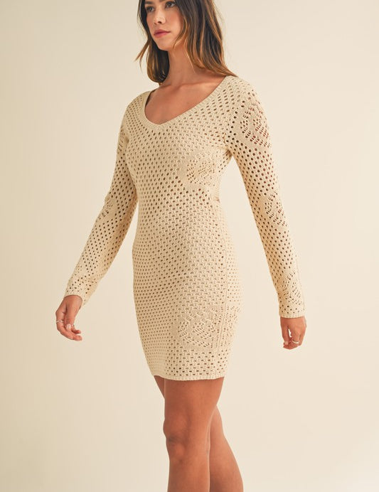 Rhea Crochet Long Sleeve Crochet Mini Dress Light Taupe