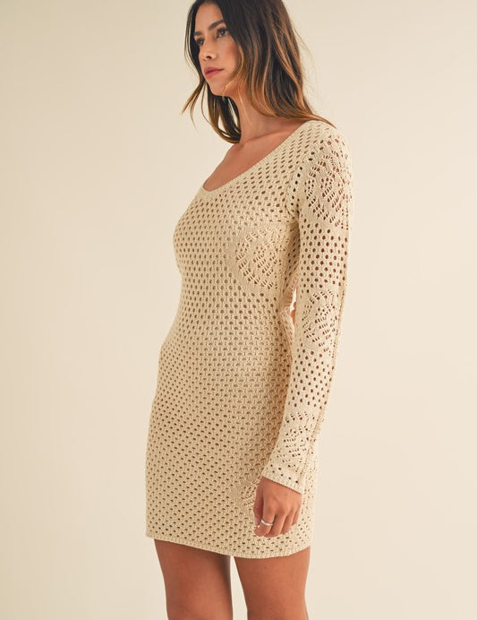 Rhea Crochet Long Sleeve Crochet Mini Dress Light Taupe