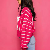 Stripe Long Sleeve “Batter Up” Sweater - Hot Pink & White [Queen of Sparkles]