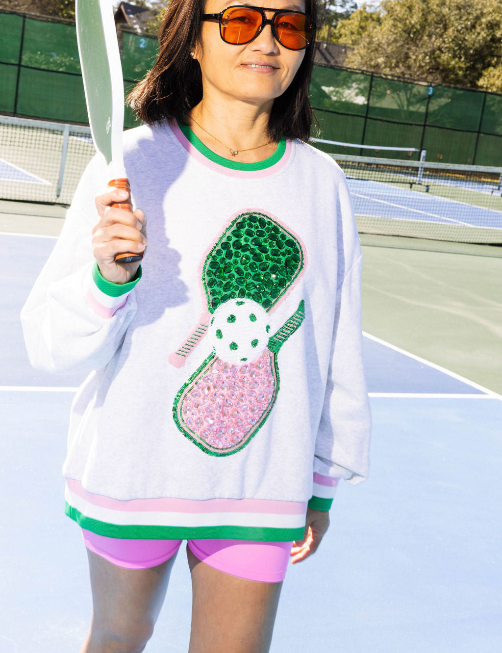 Jeweled Sport Stripe Pickle Ball Sweatshirt - Grey, Green & Pink [Queen of Sparkles]