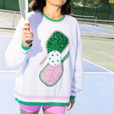 Jeweled Sport Stripe Pickle Ball Sweatshirt - Grey, Green & Pink [Queen of Sparkles]