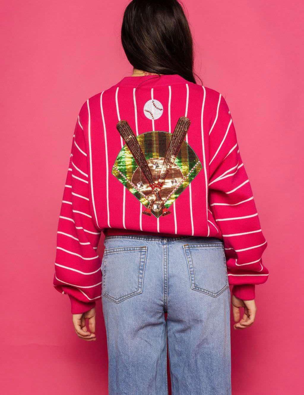 Stripe Long Sleeve “Batter Up” Sweater - Hot Pink & White [Queen of Sparkles]