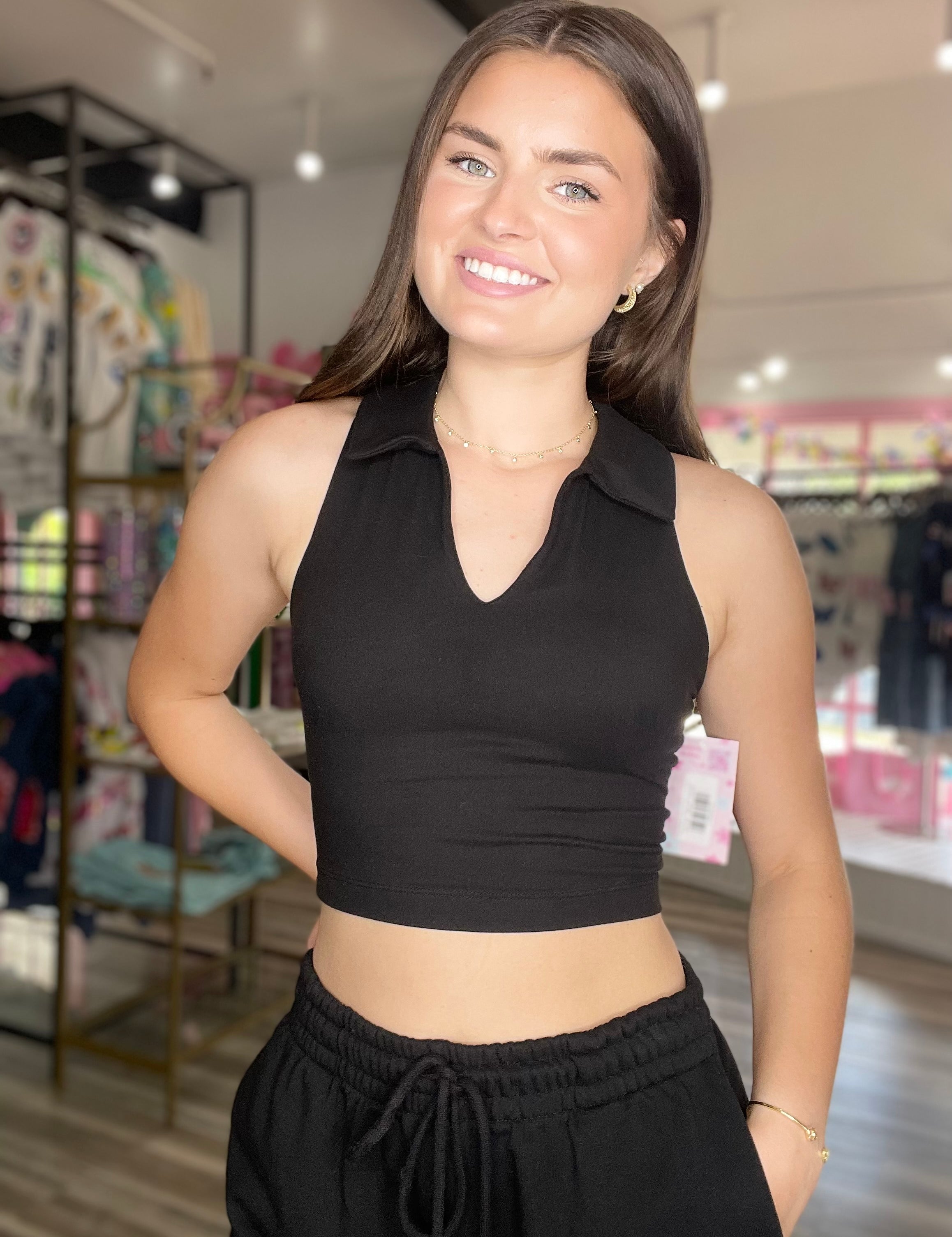 Farrah Butter Collared Cropped Tank Black