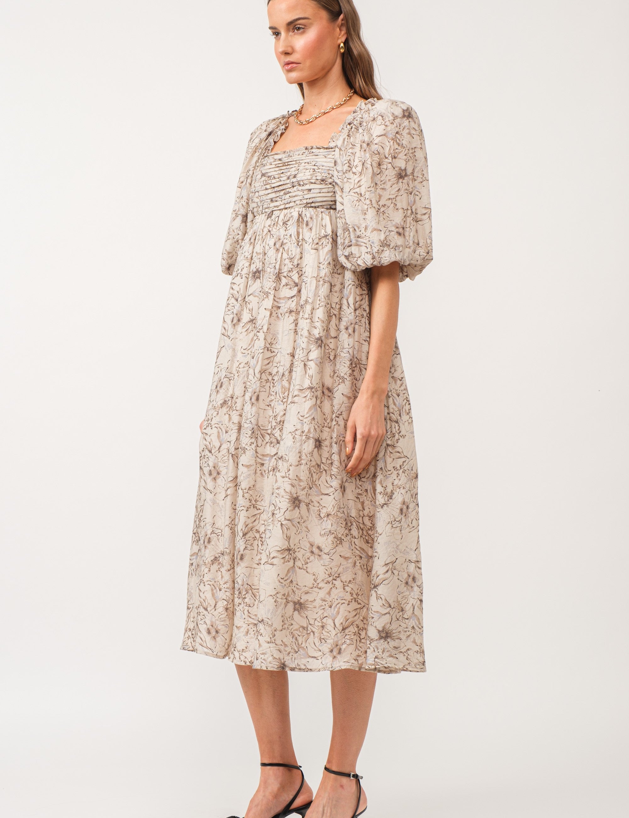 Mona Floral Midi Dress Natural