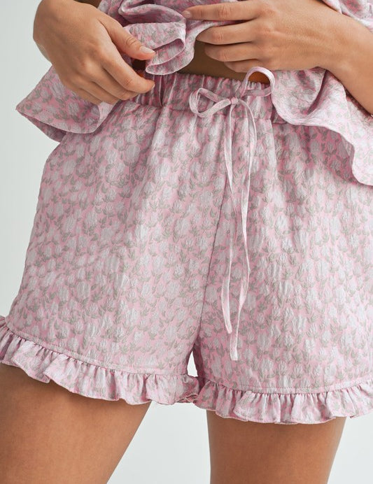 Pippa Floral Jacquard Peplum Top & Ruffled Short Set Pink