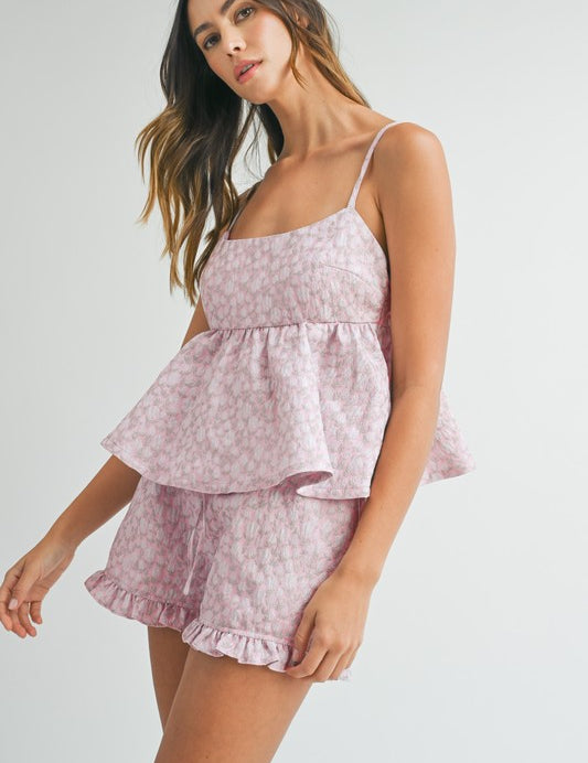 Pippa Floral Jacquard Peplum Top & Ruffled Short Set Pink