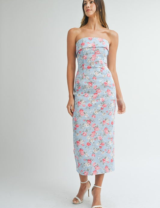 Poppy Floral Strapless Midi Dress Blue/Pink