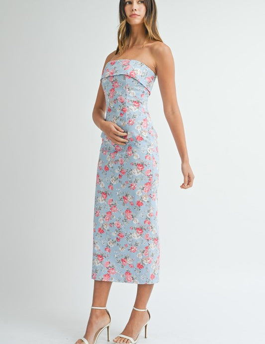 Poppy Floral Strapless Midi Dress Blue/Pink