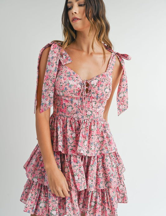 Pierce Floral Corset Ruffle Mini Dress Pink