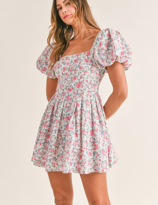 Belle Floral Puff Sleeve Square Neck Mini Dress Off White