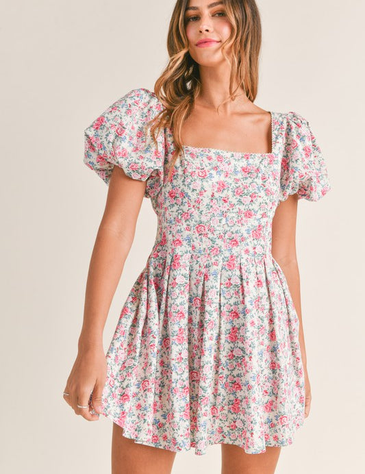 Belle Floral Puff Sleeve Square Neck Mini Dress Off White