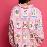 Striped Mahjong Cotton Button Down Top - Pink & White [Queen of Sparkles]