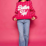 Stripe Long Sleeve “Batter Up” Sweater - Hot Pink & White [Queen of Sparkles]