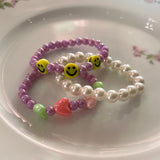 Beaded Smiley & Pearl Bracelet Set Lilac