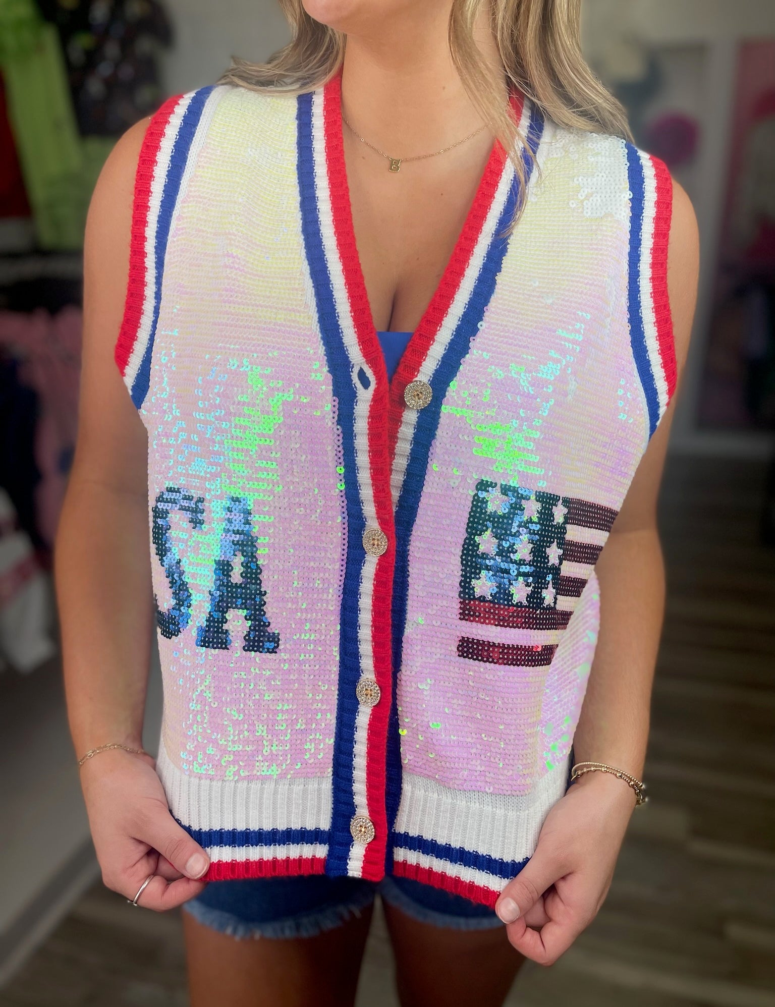 Sport Stripe USA & Flag Sweater Vest - White [Queen of Sparkles]