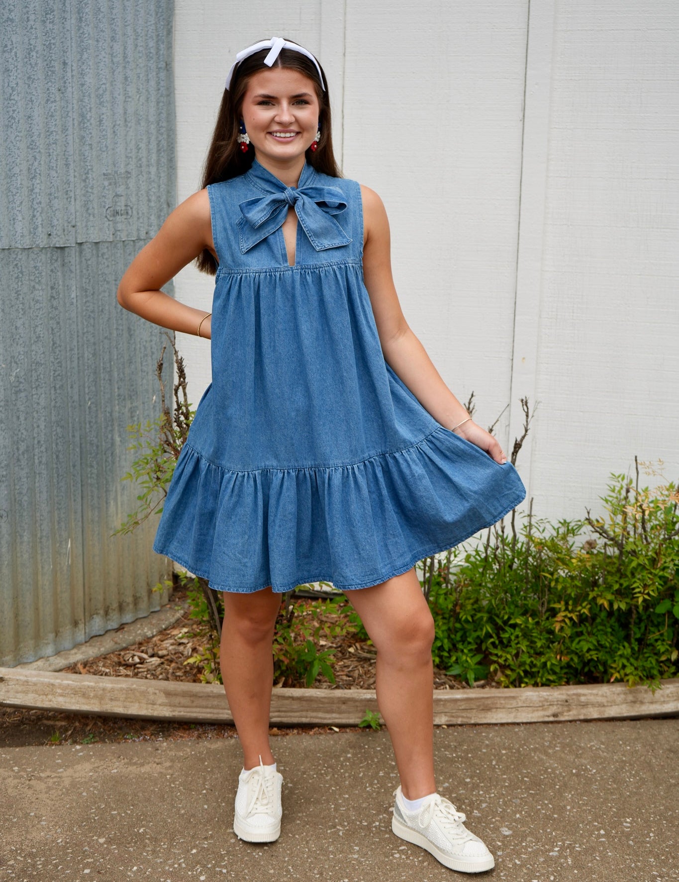 Charlie Neck Bow Denim Dress - Dark Denim